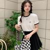 WTEMPO Branded Summer Women's Fashion Trend Clashing Trim Embroidered Short Sleeve T-shirt with Design Niche Round Neck Elasticated Tops