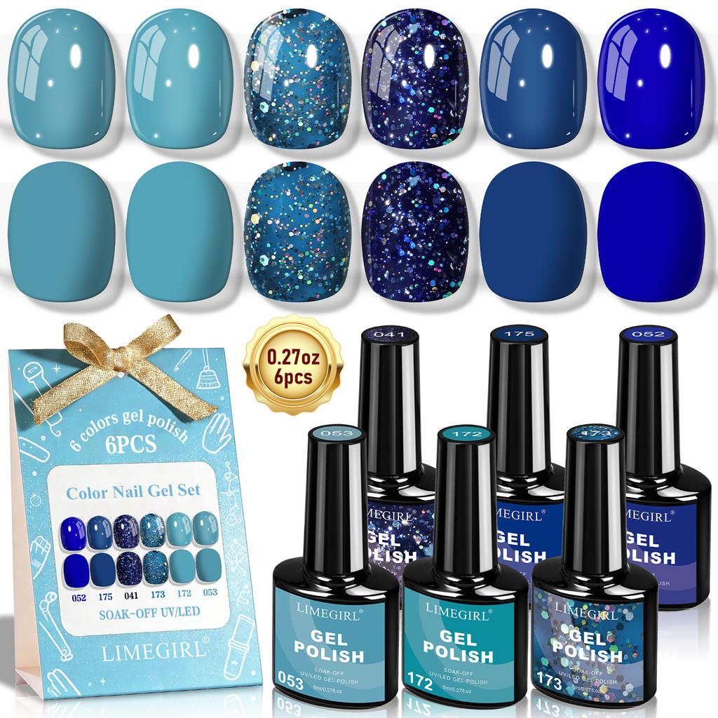 Blue Gel Nail Polish Set of 6 Colors Ocean Rock Tones Trending shades for Manicure Soak Off UV Gel