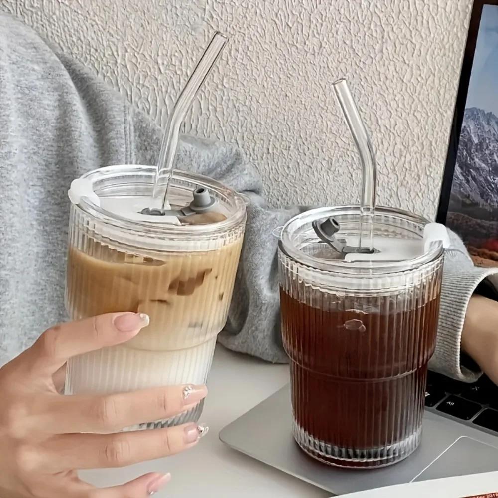 1/2PCS Stripe Glass Cup Vertical Stripes Water Cup S with Lid and Straw Iced Coffee Cups Drinking Glasses for Juice, Milk, Tea