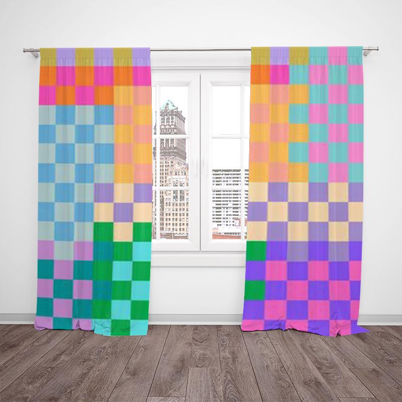 Colorful Checkerboard Environmental Polyester Printed Curtain Limited Time Special Gift Combination Made Of