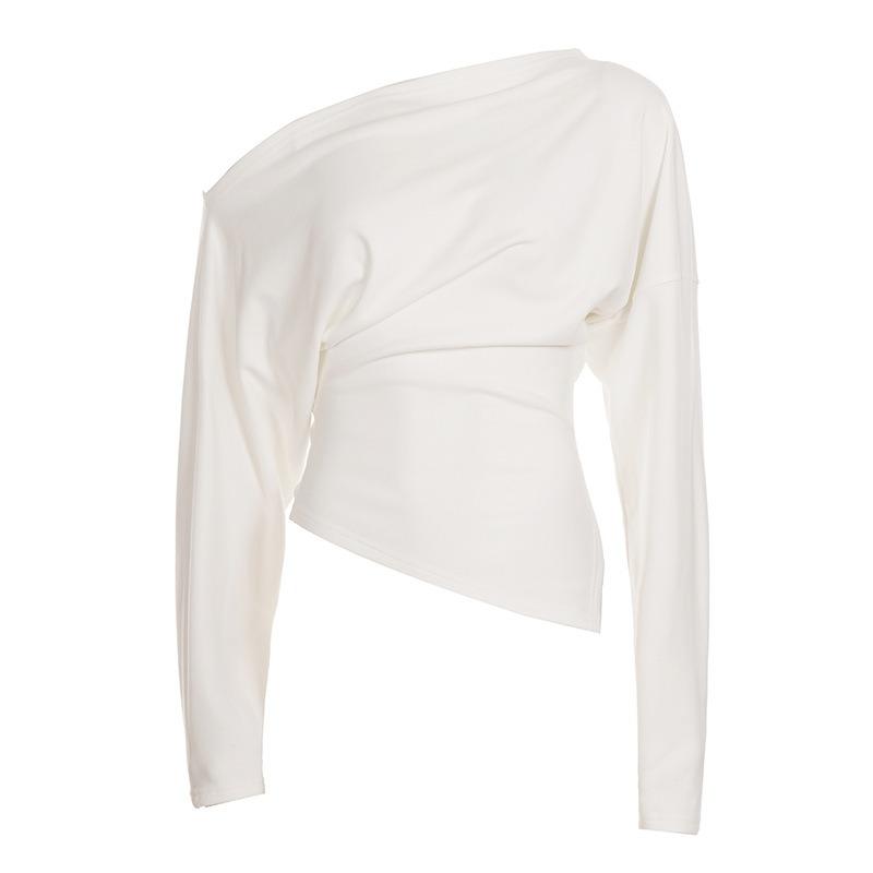 Off Shoulder Solid Long Sleeve Irregular Thermal T Shirt For Women
