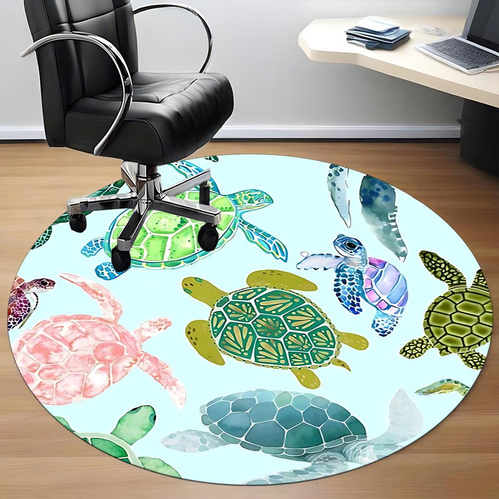 1pc Sea Turtle Print Chair Carpet for Office, Round Polyester Mat, Indoor Decor for Office, Washable Non-slip Carpet yy251219025