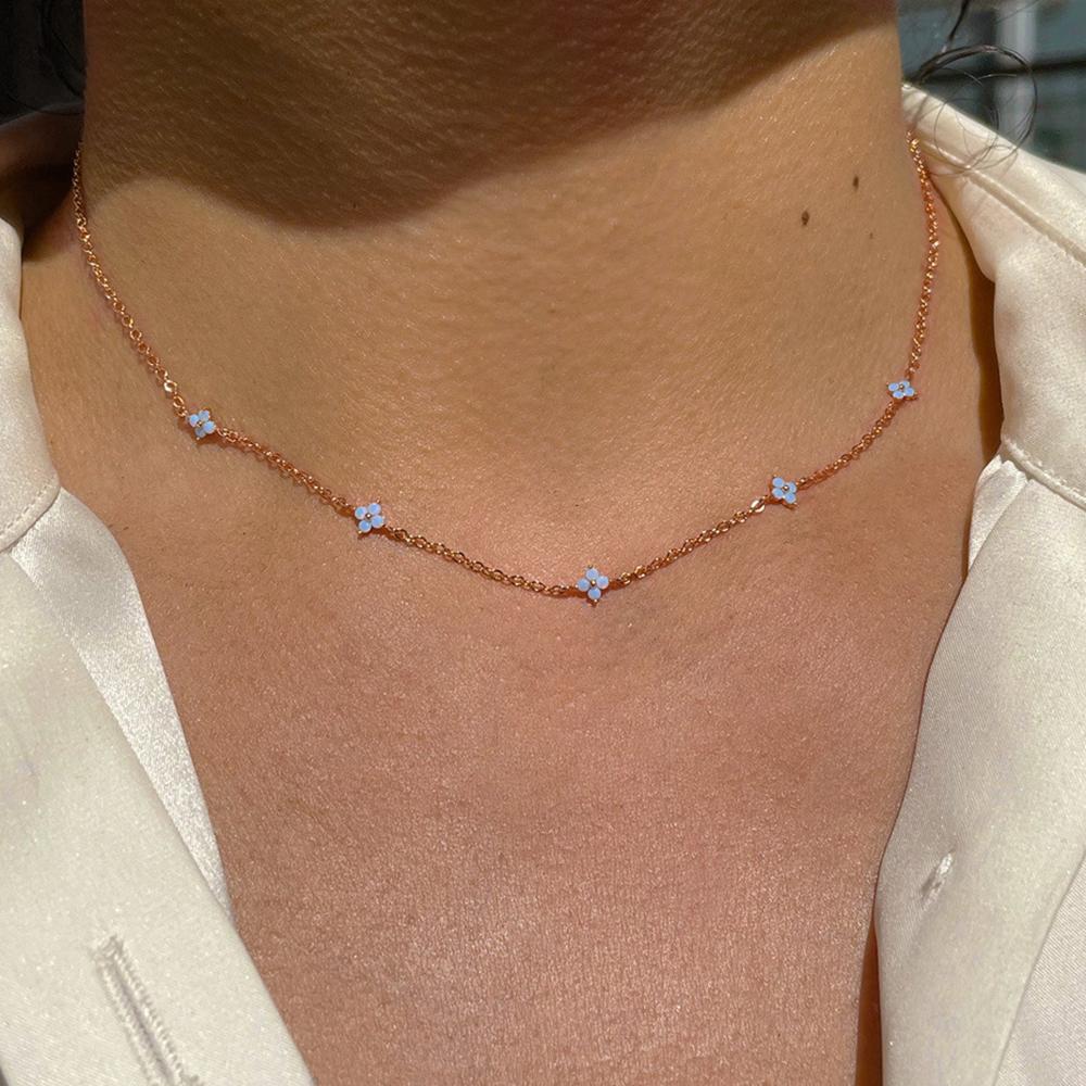 

Crystal Clover Choker Necklace For Women Fashion Gold Color Thin Short Neck Chain Blue Flower Jewelry Gifts KDN005