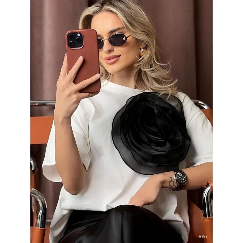 Плюс Размер Женский Летний Свободный Сетчатый Камелия Топ С Коротким Рукавом S белый