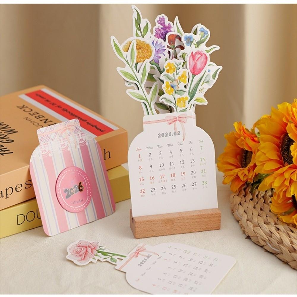 Wooden Stand Flowers Desk Calendar Card Insert Standing Desk Calendar Mini Desk Calendar  Festival