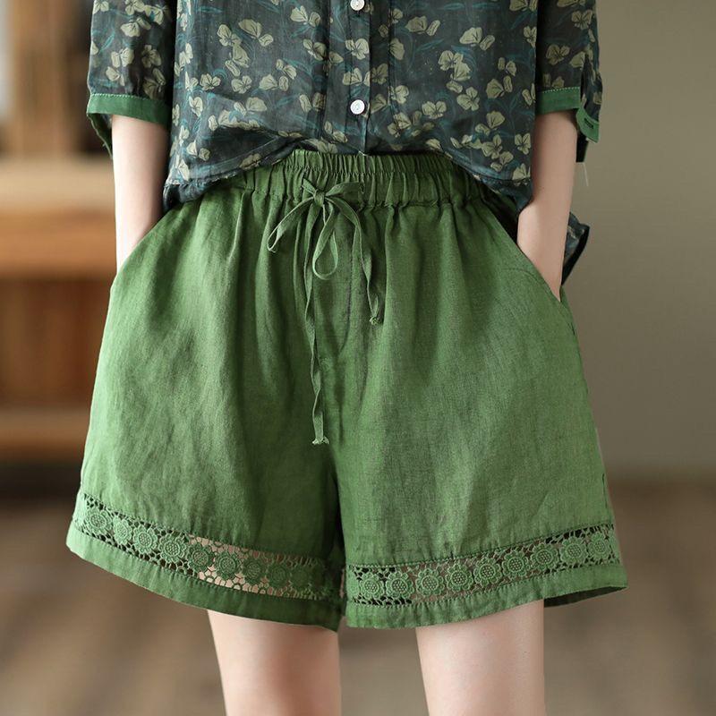Casual Solid Linen Lace Floral Summer Short Pants Loose Elastic Waist Boho Beach Wear Shorts Women Bottom
