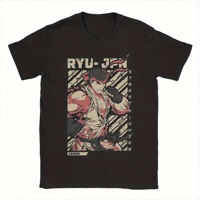 Bequemes Herren RyuJi Retro-Spiel Grafikshirt Baumwolle Rundhalsausschnitt Kurzarm Schwarz mit Lebendigem Street Art Design Lässige Passform