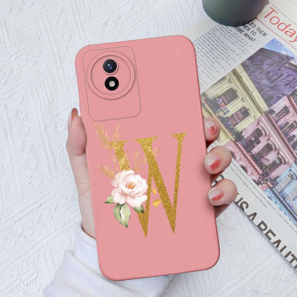 Telefon Fall Für Vivo Y02S Y11 Y12 Y15 Y16 Y17 Y19 Y20 Y21 Y30 4G 5G Luxus Schutzhülle flüssigkeit Weiche Silikon Blume Buchstaben Fundas Für Vivo Stoßstange Coque