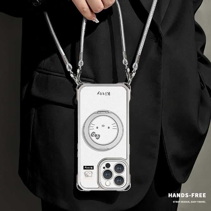 Applicable to 17promax iPhone case 15 four-corner lanyard iphone16 crossbody 14 cat rotating bracket 13