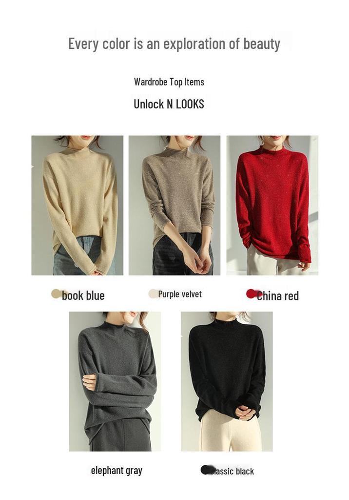 Gold & Silver Thread Half-High Collar 100% Pure Wool Sweater: Loose, Soft Red New Year Knitwear