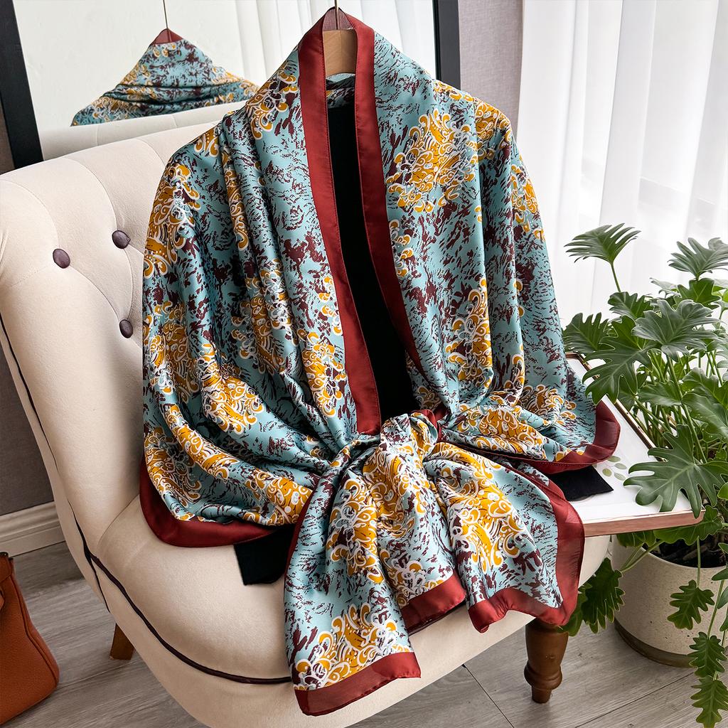 Geometry Design Large Silk Soft Scarf Women Stylish Print Long Shawl Handkerchief Summer Sun Protection Elegant Travel Wrap