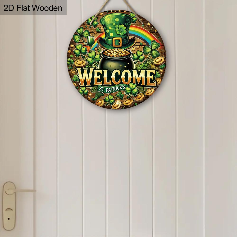 St. Patrick's Day Pot of Gold Welcome Wooden Sign, Round Front Door Decor, Lucky Clover & Rainbow Wall Hanging - Ideal for St. Paddy's Day