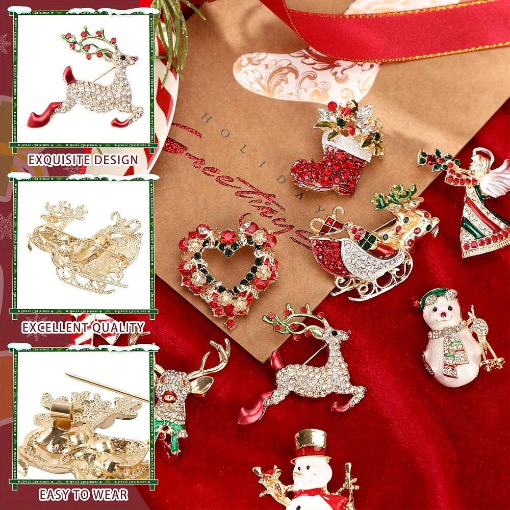 10pcs Festive Christmas Brooch Pin Set - Sparkling Crystal & Enamel Holiday Designs with Santa, Reindeer, Snowflakes & More