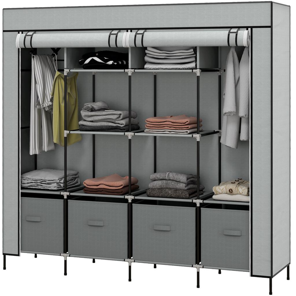 Wardrobe Fabric Wardrobe, Doors, 2 Clothes Rails, 10 Compartments, Grey