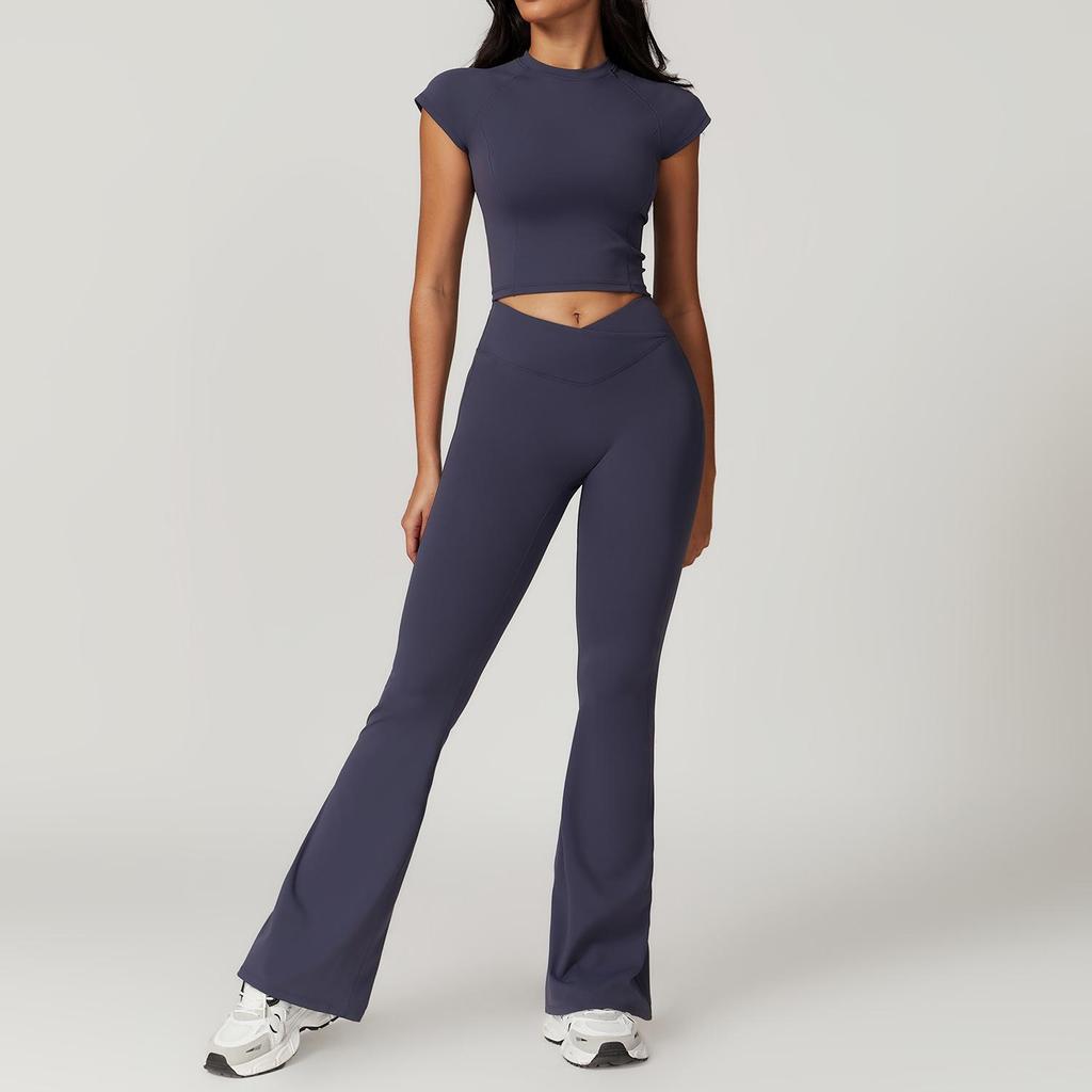 Umweltfreundliches, recyceltes, schnell trocknendes Yoga- und Lauf-Outfit - Damen-Fitnessanzug mit kurzen Ärmeln und stilvollem Rückendesign (Modell 8799)