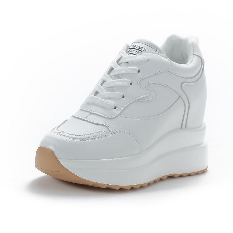 Women's White Genuine Leather Platform Shoes - 10cm Height Increase, Thick Sole, Versatile for All Seasons