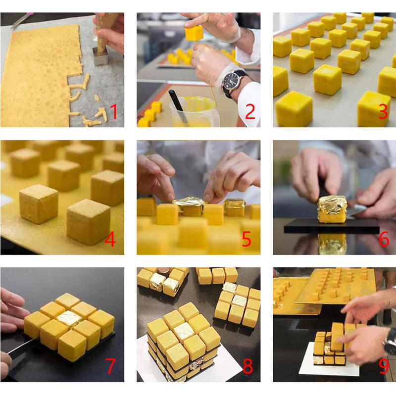 Metal Cube Square Shape Silicone Mold for Cake Decorating Tools DIY 3D Rotation Mousse Dessert Cake Moulds for Kitchen Baking