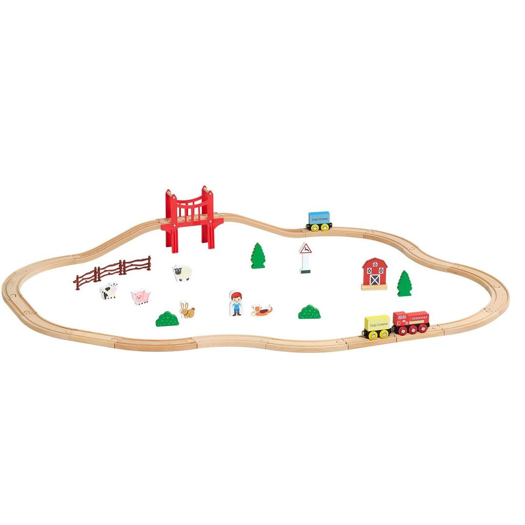 Wooden Train Set, 39PCS, Wood Train Track with Magnetic Trains and Railway Accessories, Compatible with Major Brands, Small Town, Christmas Birthday