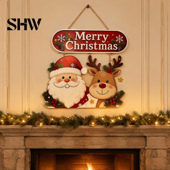 Christmas Tree Hanging Decorations Wooden Sign, Rustic Holiday Wall Decor with Santa Claus Door Hanger Reindeer And Snowman Patterns for Home & Window