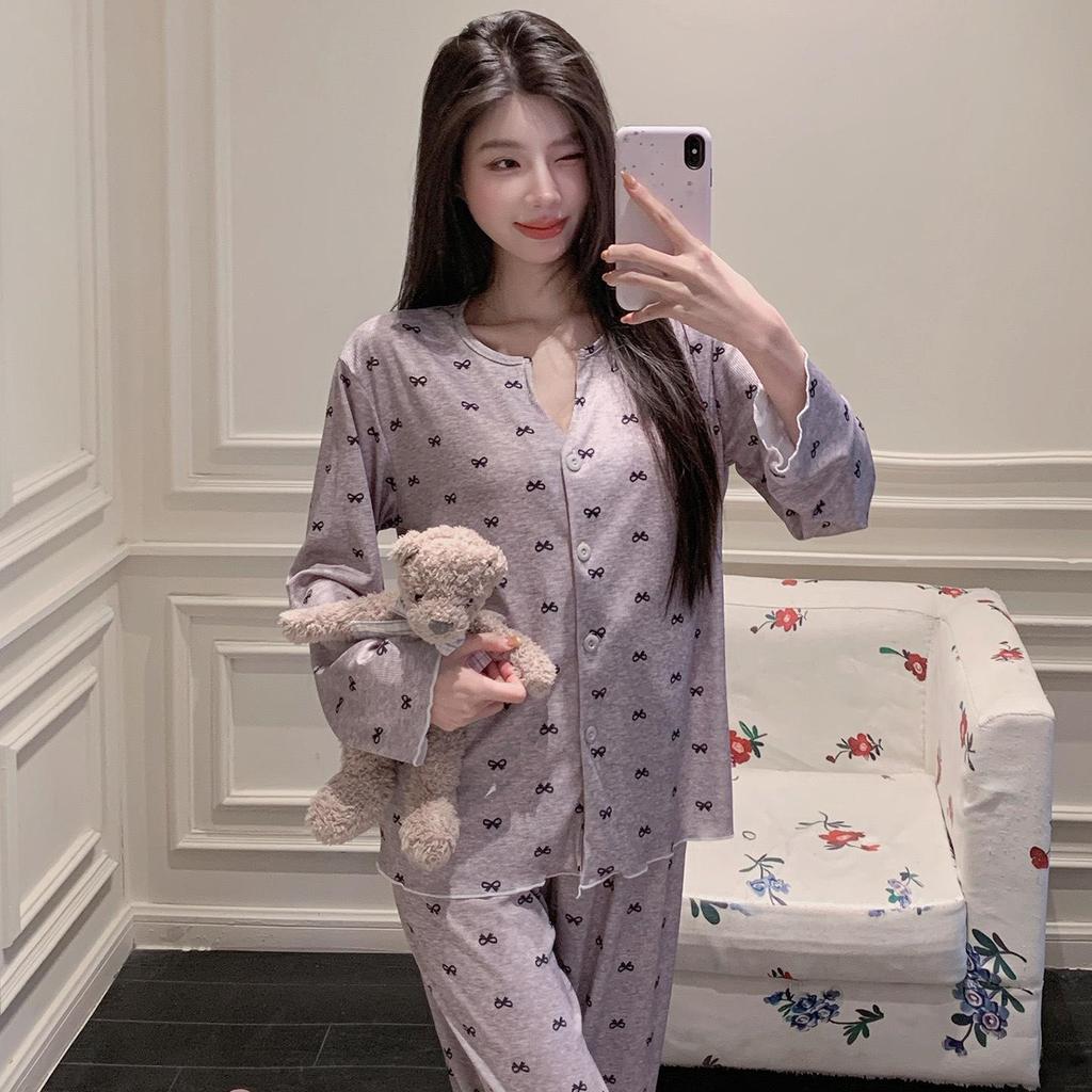 Women's Sweet V-Neck Cartoon Pajama Set, Long Sleeve Ice Silk, Spring Loungewear Cardigan