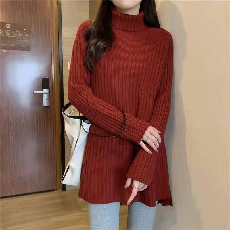 

Semi-turtleneck sweater women s autumn and winter loose bottoming shirt with fleece thickened versatile knitted sweater long-sleeved top One Size