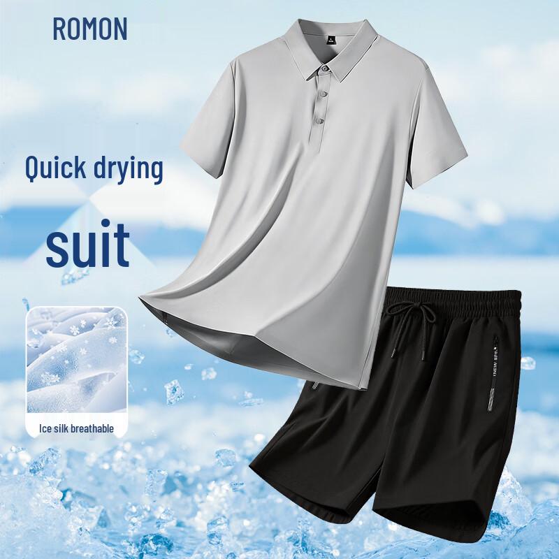 ROMON Men s 2026 Seamless Ice Silk Polo Shirt & Casual Shorts Set 3XL