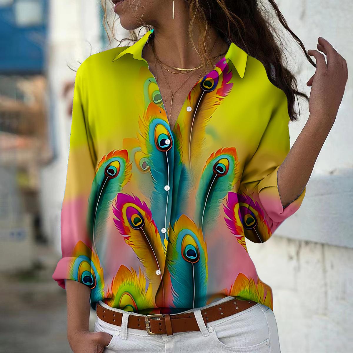 

Блузка с принтом павлиньих перьев для женщин, весна-осень, женская, офисная, на пуговицах, с отложным воротником 8XL жёлтый