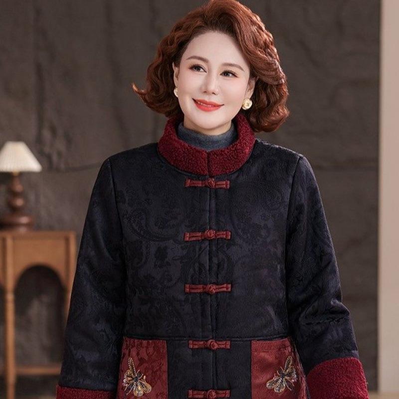 Winter Large Size Padded Jacket Medium and Old Women's Clothing Mother Clothing Chinese Retro Velvet Thickened Grandma Top Padded Jacket
