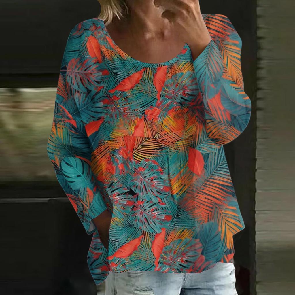 Top casual de damă la modă, larg, cu gât rotund, cu mâneci lungi și imprimeu floral