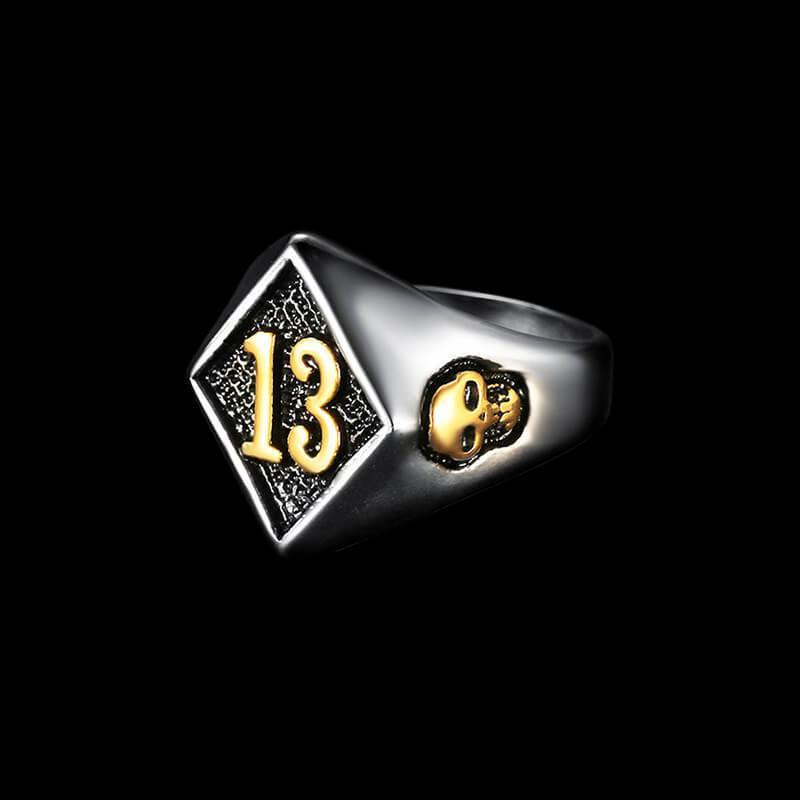 Anello Teschio Numero 13 Acciaio Inossidabile 316L Stile Punk Biker Gotico Gioielleria Taglia 7-19