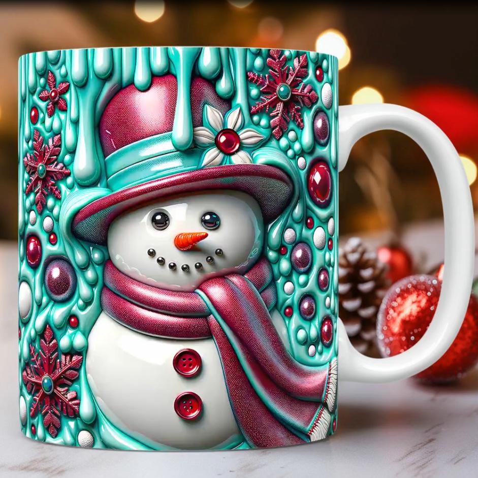 3D Snowman Christmas Ceramic Coffee Mug Hat Scarf Tea Cup