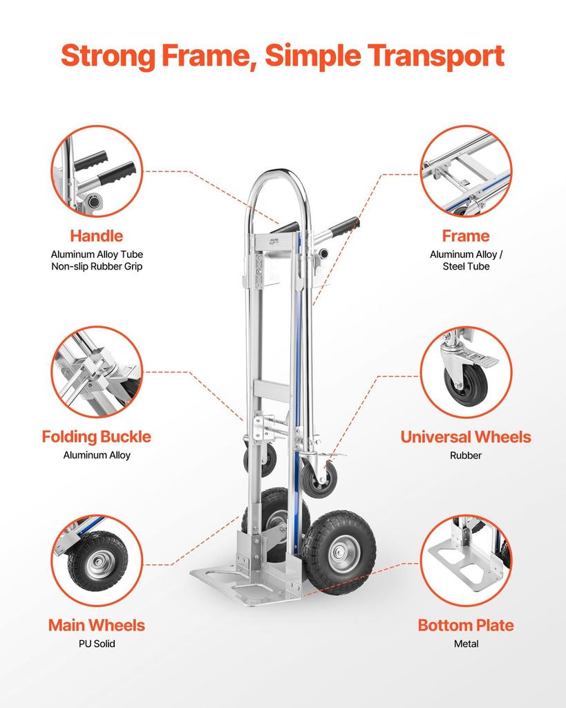 2 In 1 Hand Truck, 453.6 Kg Load Capacity for 4-Wheel Mode, Convertible Hand Truck Dolly with Non-Slip Handle & Wheels, Portable Trolley Dolly for