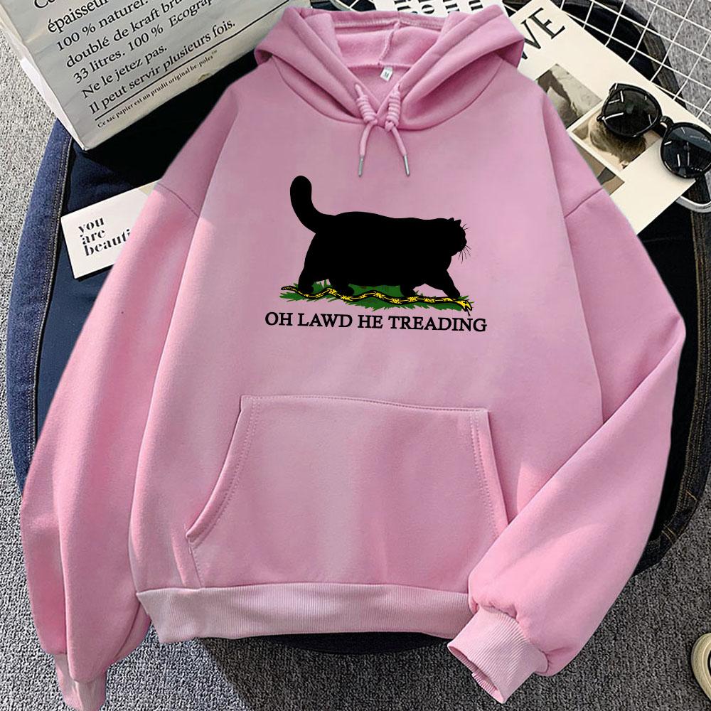 Funny CAT Printing Hoodies Oh Lawd He Treading Sweatshirts Women/Men Clothes Comfortable Streetwear Cartoon Hoodie
