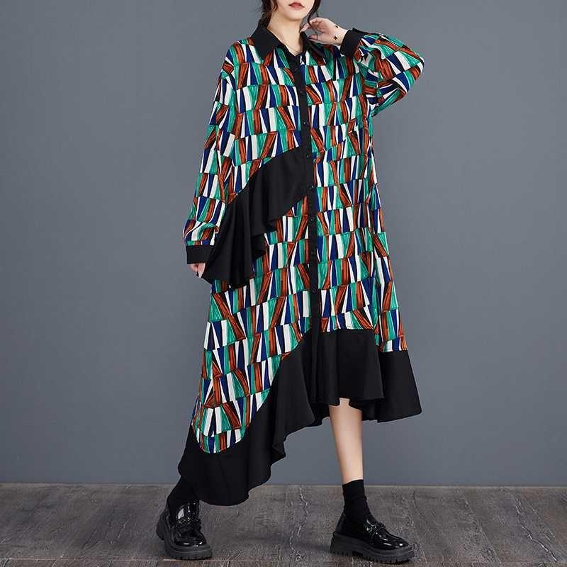 

Women s Printed Shirt Dress with Asymmetrical Hem - Loose Fit Long Tunic Dress, Casual Plus Size Spring/Fall Style one size fits all