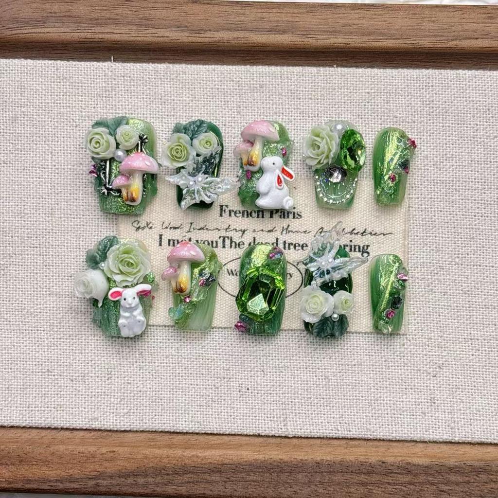 Square Press On Nails Almond Fake Nails French Tip False Nails with 3D Design Full Cover Acrylic Glue On Nails Artificial Stick On Nails for Women