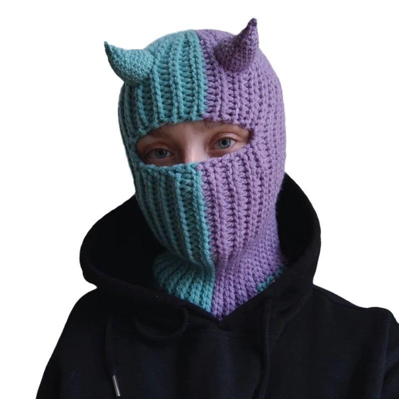 Y2K Style Crochet Halloween Party Cow Horn Parent-Child Ski Mask Hat