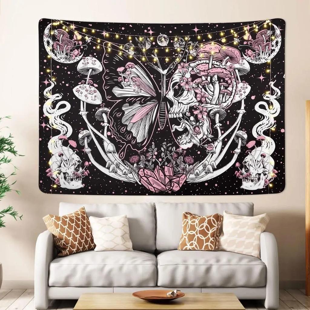 Black and White Wall Art Aesthetic Home Tapestry Gothic Skull  Psychedelic Hippie Mushroom