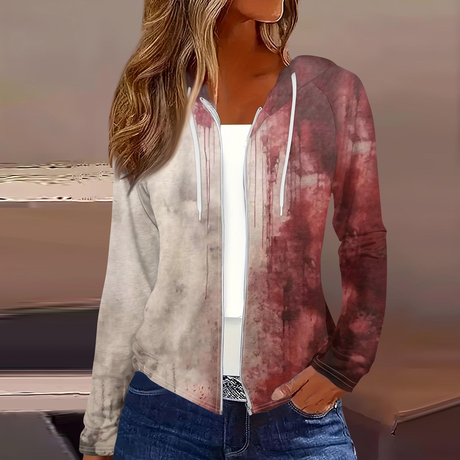 

Женская мода повседневная молния с капюшоном и принтом Хэллоуина с длинным рукавом толстовки пальто XXXL красный