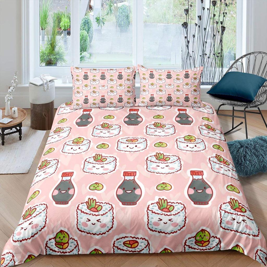 Japan Sushi King Queen Duvet Cover Marine Life Bedding Set Cartoon Japanese Food Quilt Cover Colorful Polyester Comforter Cover