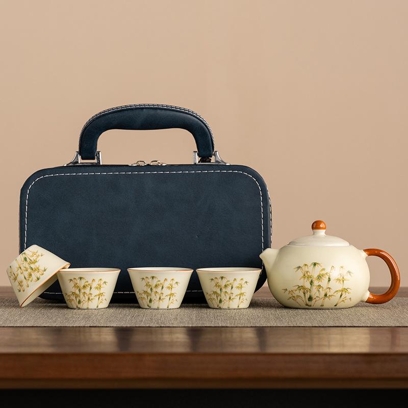 Chinese-style Virtualized Ceramics Ru Kiln Rich Bamboo Travel Tea Set Corporate Kung Fu Teapot Gift Can Be Ordered Tea Set