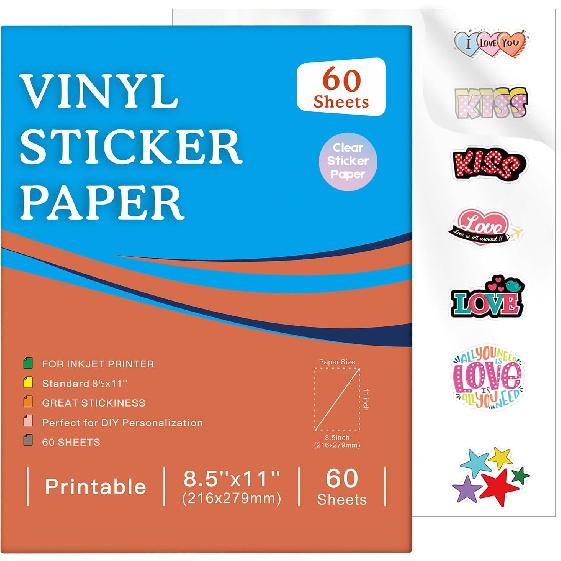 30 Sheets Printable Clear Sticker Paper for Inkjet Printer, Premium Vinyl Transparent Sticker Paper Waterproof, Dries Quickly, Vivid Colors, Tear