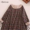Japanisches Mori-Mädchen Frühling Herbst Damen Midikleid Rüschenkragen Blumendruck Patchwork Retro Kleid Vintage Baumwolle Leinen Stickerei Aushöhlen Kleid