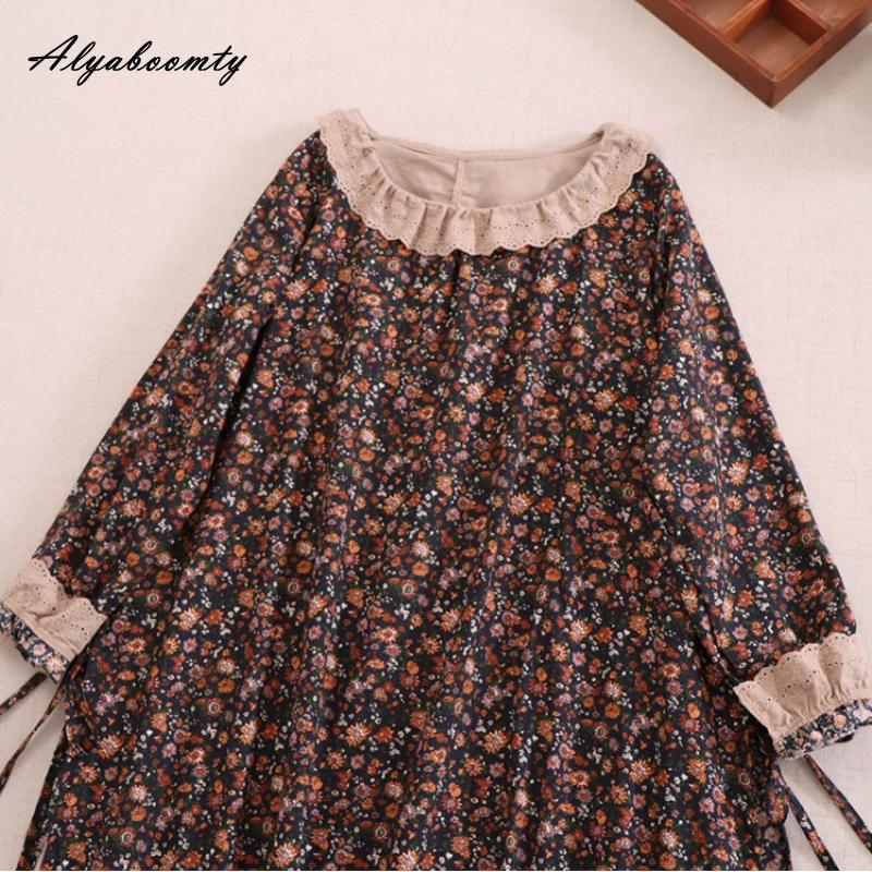 Japanisches Mori-Mädchen Frühling Herbst Damen Midikleid Rüschenkragen Blumendruck Patchwork Retro Kleid Vintage Baumwolle Leinen Stickerei Aushöhlen Kleid