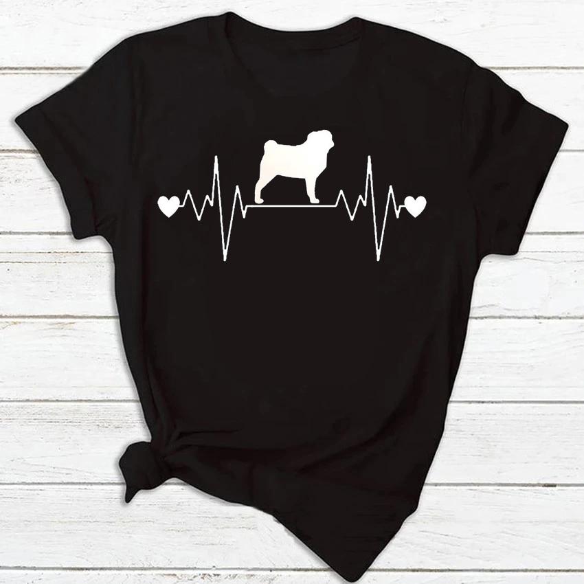 Maycaur Women T Shirt Fashion Dog Heartbeat Print T-shirt Funny 90s Print T Tee Womens Tshirt for Female Red Shirt Clothes Tops
