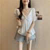 Summer new thin belly hidden meat slightly fat sister French v-neck chic design shirt top women