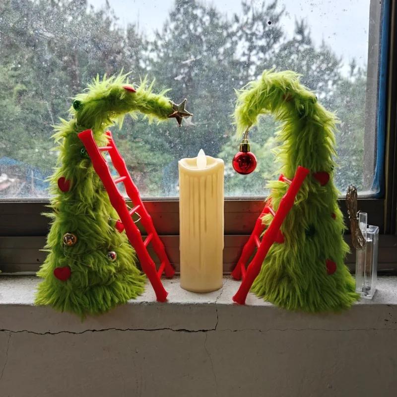 Bendable Plush Christmas Tree Holiday Desktop Ornament with Mini Ladder for Party Decorations