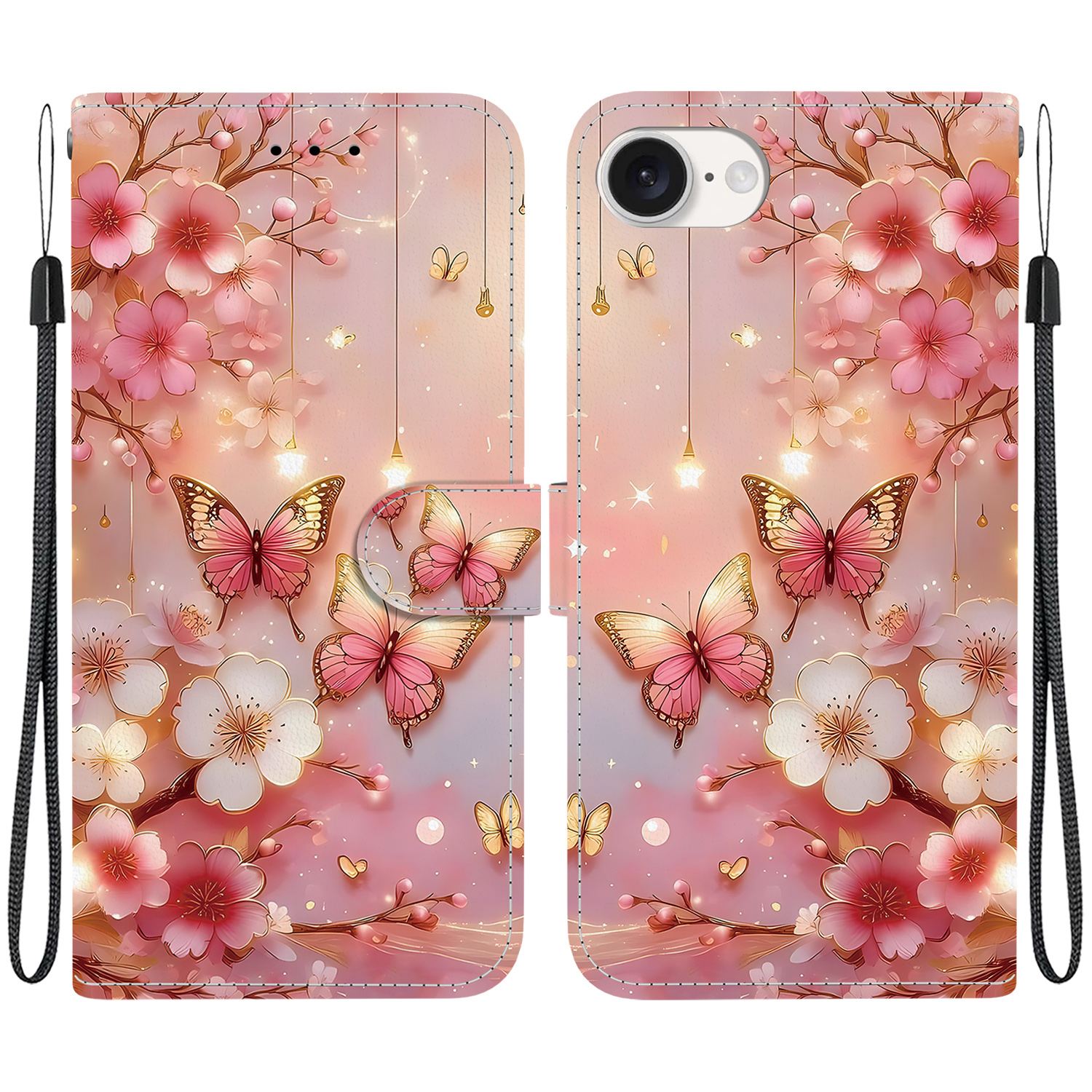 For iPhone 16e Leather Case Stand Wallet Pattern Printing Phone Cover with Wrist Strap G