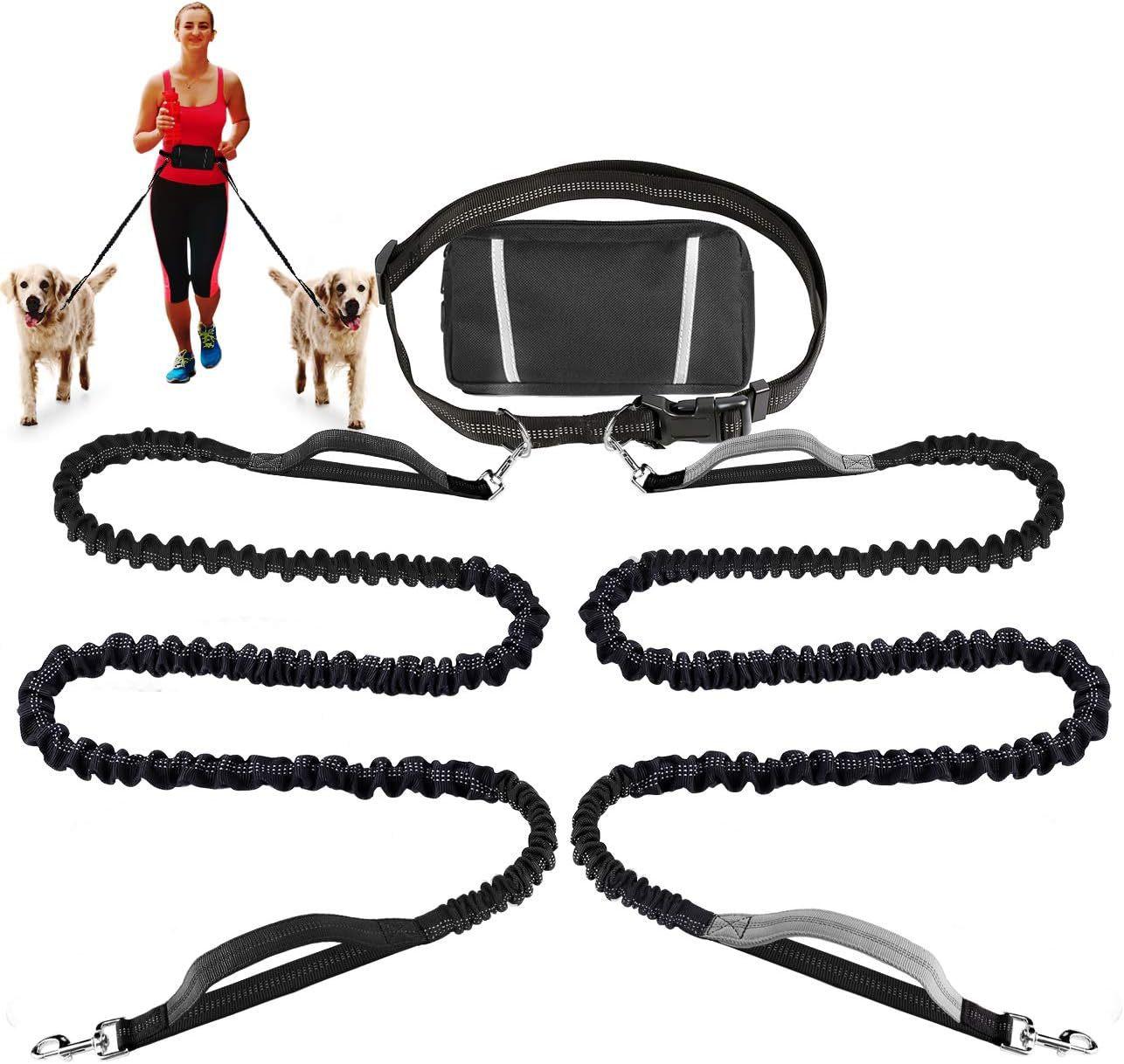 Freihändige Leine für einen und zwei Hunde mit Hüfttasche Reflektierend Doppelgriff Bungee Elastisch Stoßdämpfend Haustier Laufleine für Hunde (black,one 2.5 105) schwarz