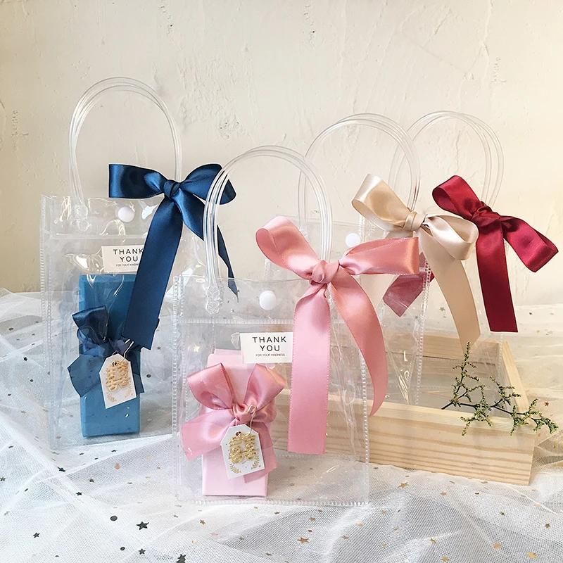 10-100PCS Transparent Soft PVC Gift Tote Packaging Bags with Hand Loop Clear Plastic Handbag Cosmetic Bag