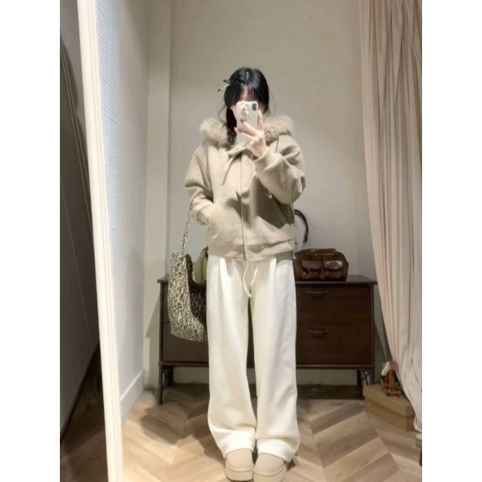 

Женское теплое шерстяное пальто с капюшоном из плюша цвета овсянки с бантом и меховым воротником для зимы Extra Large